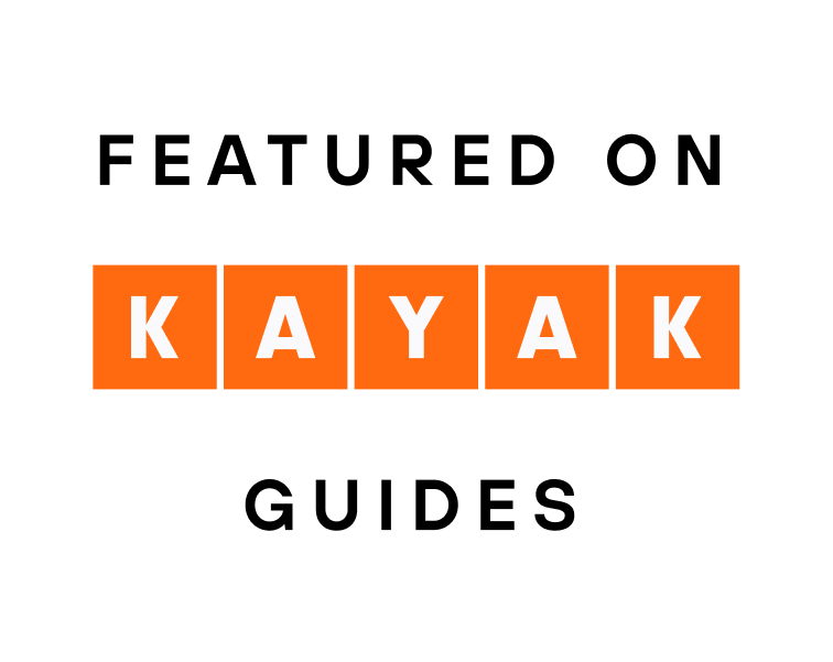 Text reads 'Featured on KAYAK Guides' with KAYAK in orange blocks.